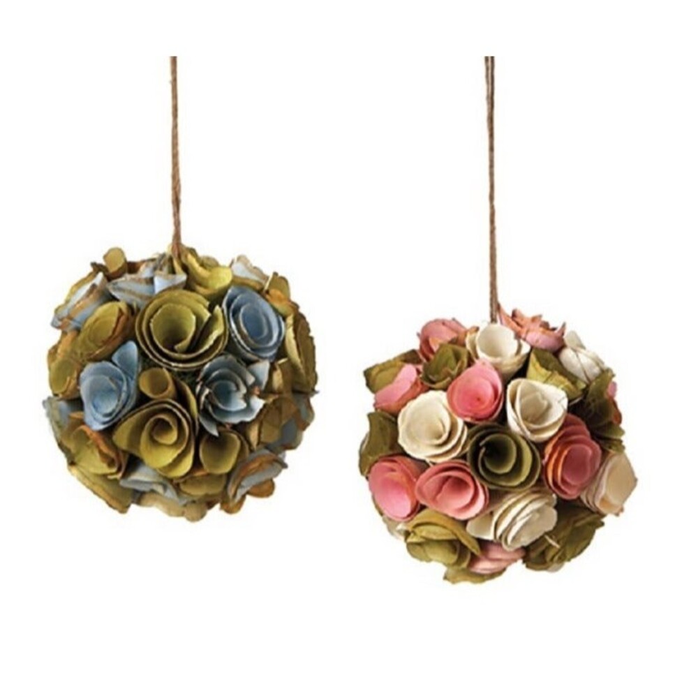 Vintage Wood Shaving Spring Floral Bouqet Ball Ornaments Set Assorted